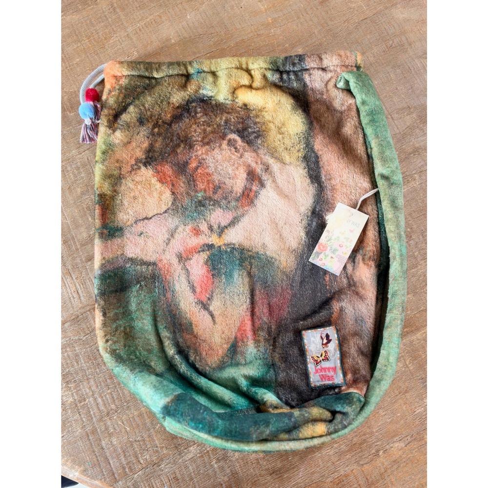 NWT Johnny Was Green Plush Fleece Tassel Drawstring Storage Bag Renaissance Art